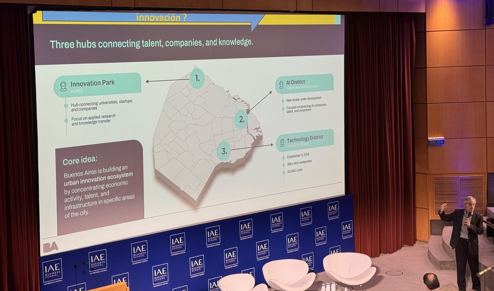 A projected slide titled Three hubs connecting talent, companies and knowledge, showing a map of Buenos Aires with the Innovation Park in Nunez, the AI District downtown and the Technology District in Parque Patricios, presented on stage at IAE Business School
