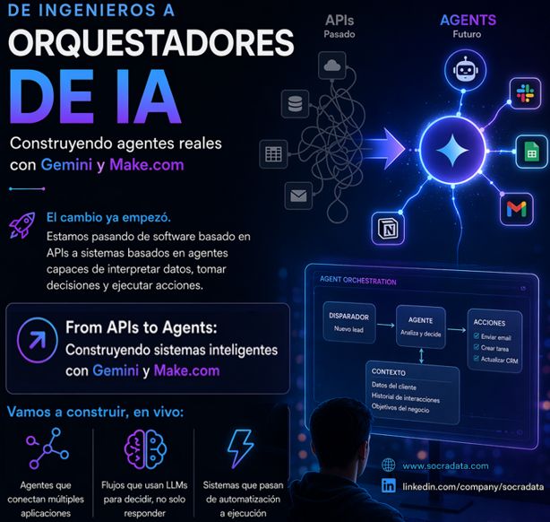 FIUBA master class poster: From Engineers to AI Orchestrators — Building Real Agents with Gemini and Make.com